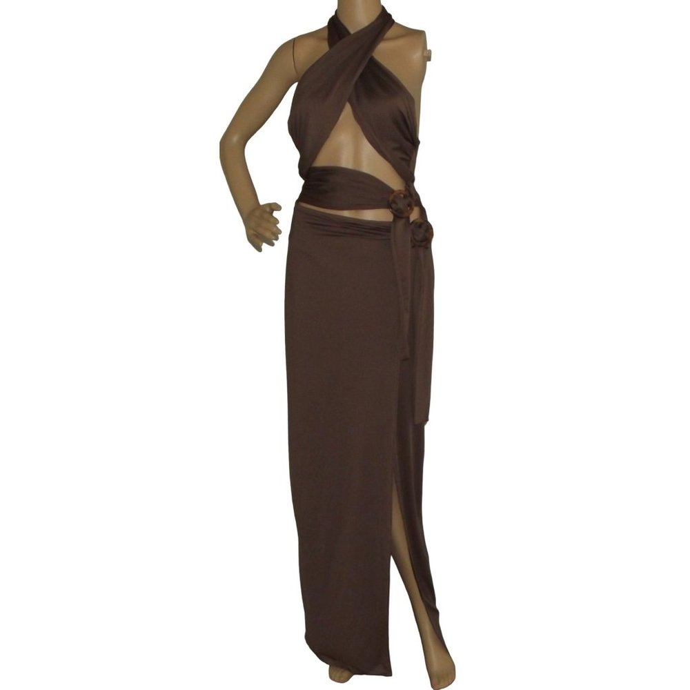 Elegant Brown Halter Maxi Dress